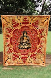 Buddha Meditation and Lotus Cotton Brown Wall Hanging Tapestry From India