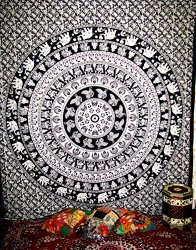 Mandala Tapestries Peacock, Camel, Elephant Indian Black and White Wall Tapestry Wall Hanging for Wall Decoration, Queen Size Tapestries By Multimate Collection