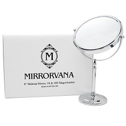 MIRRORVANA EIGHT-INCH (8″) Vanity Makeup Mirror ~ Double-Sided 1X and 10X Magnifying Mirrors ~ Free Extended Manufacturer’s Warranty