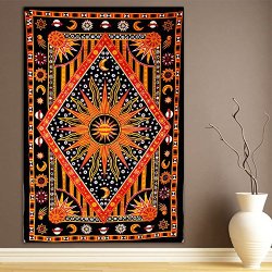 ModTradIndia – Celestial Sun Moon Stars Planet Tapestry, Indian Hippie Wall Hanging , Bohemian Bedspread, Mandala Cotton Dorm Decor Beach blanket (1, A)