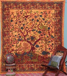 Orange Indian Tree of Life Bedspread Blossom bird Tapestry