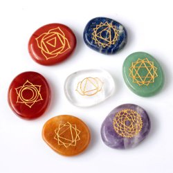 TGS Gems 7 Piece Engraved Chakra Stone Palm Stone Crystal Reiki Healing