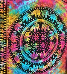 Tie Dye Elephant Mandala Hippie Tapestry, Hippy Mandala Bohemian Tapestries, Indian Dorm Decor, Psychedelic Tapestry Wall Hanging Ethnic Decorative (Multi Color)- Jaipurhandloom