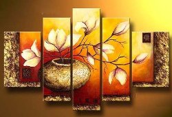 Wieco Art 5-Piece “Golden Bottle Elegent Flowers” Stretched and Framed Hand-Painted Modern Oil Paintings on Canvas Wall Art Set