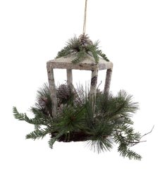 12″ Rustic Glittered Christmas Candle Lantern with Foliage, Pine Cones and Jingle Bells