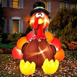 6 Ft Tall Large Lighted Blow up Airblown Inflatable Turkey w/ Pilgrim Hat Fall Autumn Air Blown Thanksgiving Blow up Outdoor Decoration Yard Decor