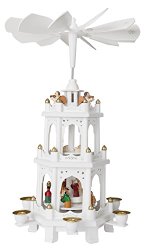 Christmas Pyramid 18 Inches White Wood Nativity Play – 3 Tier Carousel with 6 Candle Holders – Brubaker Design From Germany