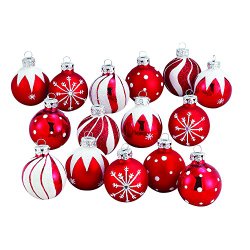 Kurt Adler 1.57-Inch Red/White Decorated Glass Ball Ornament set of 15