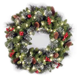 National Tree 24-Inch Crestwood Spruce Wreath with Silver Bristle/Cones/Red Berries/Glitter/50 Clear Lights – Plug In