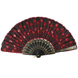 Newstarfactory Peacock Feather Red Sequins Design Black Plastic Folding Hand Fan