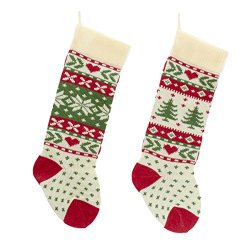 Red, White And Green Christmas Tree And Snowflake Knit Stockings