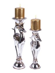 Set of 2 Porcelain Silver Reindeer Christmas Pillar Candle Holders