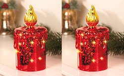 Set of Two 7-1/2″h” Red Mercury Glass Lighted Battery Operated Table Top Decor Christmas Holiday Candle Decoration