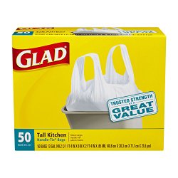 Glad Tall Kitchen Handle-Tie Trash Bags, White, 13 Gallon, 50 Count (Pack of 4)