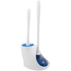 Heavy-Duty PlumbCraft Toilet Plunger & Durable Cleaning Brush with Caddy (White/Blue)