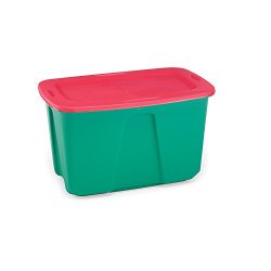 Homz Holiday Plastic Storage Tote Box, 32 Gallon, Greed With Red Lid, Stackable, 6-Pack
