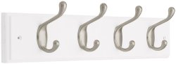 Liberty 129849 18-Inch Coat and Hat Hook Rail/Rack with 4 Heavy Duty Hooks, White and Satin Nickel