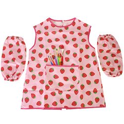 MyKazoe Toddler Artist Apron with Sleeves and 6-Piece Paint Brush Combo – Strawberry (Age 2-6)