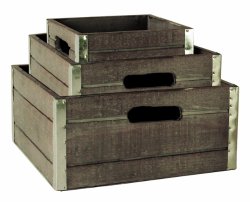 Wald Imports Set of 3 Wood Crates with Galvanized Metal Trim, Gray