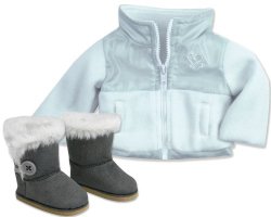 American Doll Jacket & Button Doll Boots in Suede Style & Fur Trim, 2 Pc. Set Fits 18 Inch Dolls. Stylish White/Gray Nylon/Fleece 18 Inch Doll Jacket & Gray Ewe Boots