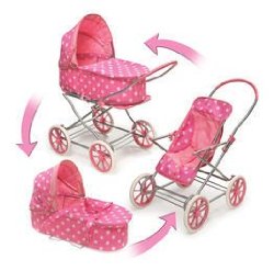Badger Basket Pink Polka Dots 3-in-1 Doll Pram, Carrier, and Stroller (fits American Girl dolls)