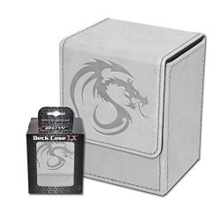 BCW White Deluxe Leatherette Deck Box PLUS 80 White Double Matte Deck Guard Sleeves for Collectable Gaming Cards like Magic The Gathering MTG, Pokemon, YU-GI-OH!, & More. Embossed Dragon Graphic, Designed to Hold 80 Sleeved Cards.