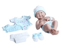 La Newborn Nursery 8 Piece Layette Baby Doll Gift Set, featuring 14″ Life-Like Smiling Newborn Doll, Blue