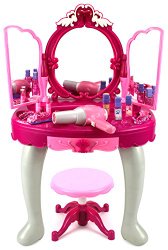 Kids Authority Glamorous Triple Mirror Pretend Play Battery Operated Toy Beauty Mirror Vanity Play Set w/ Flashing Lights, Music, Accessories