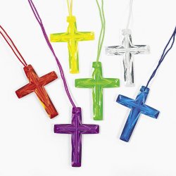 Lot of 48 Plastic Bright Color Crystal Cross Necklaces Religious Party Favors