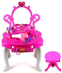 Princess Dressing Table Pretend Play Battery Operated Toy Beauty Mirror Vanity Play Set w/ Flashing Lights, Sounds, Hair Dryer, Accessories