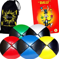 5x Pro Thud Juggling Balls – Deluxe (LEATHER) Professional Juggling Ball Set of 5 + Mister Babache Ball Juggling Book of tricks, and Fabric Travel Bag! (Mix of colors)