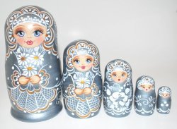 Authentic Unique Russian Hand Painted Handmade Russian Silver Nesting Dolls Set of 5 Pcs Matryoshkas 5″ Artist Signed