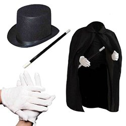 Child’s Halloween Magician Role Play Dress up Costume Set – Magician’s Cape Felt Top Hat Pair of White Magician Gloves 12″ Magic Wand
