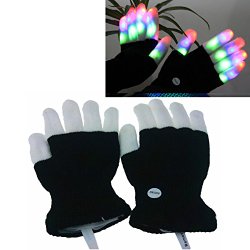 Luwint Flashing Finger Lighting Gloves LED Colorful Rave Gloves 7 Colors Light Show (Color Box & Greeting Card) (Black and White)