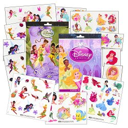 Disney Girls Tattoos Party Pack ~ Disney Princess & Disney Fairies Tattoos – 100 Assorted Temporary Tattoos ~ Cinderella, Ariel, Tiana, Belle, Tinkerbell, and More!