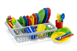 Durable Kids Play Dishes – Pretend Play Childrens Dish Set – 29 Piece with Drainer