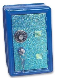 Metal Toy Safe, Locker Bank with Glittery Door, Key Lock plus Combination Lock (Assoreted Colors)