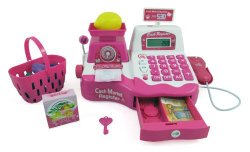 Pink Supermarket Cash Register with Checkout Scanner, Weight Scale, Microphone, Calculator, Play Money and Food Shopping Playset for kids