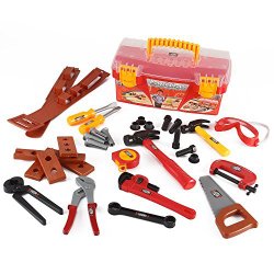 Power Tools Construction Tool Box for Kids with 31 Pcs Pretend Play Tools, Belt and Workshop Accessories Toy Set