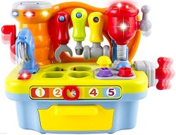 WolVol Musical Learning Workbench Toy with Tools, Engineering Sound Effects and Lights, and Shape Sorter
