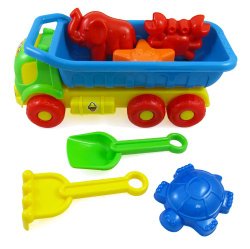 Beach Toys Deluxe Playset for Kids – 7 pieces Large Dump Truck Sand Shovel Set (Assorted Colors)