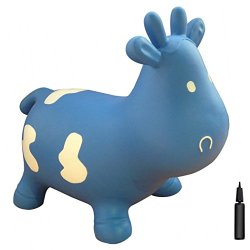 Blue Cow Bouncer with Hand Pump, Inflatable Space Hopper, Ride-on Bouncy Animal