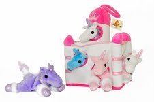 Plush Unicorn Castle with Animals – Five (5) Stuffed Animal Unicorns in Play Carrying Castle Case – White