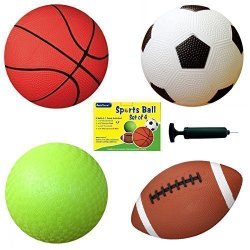 Set of 4 Sports Balls with 1 Pump, 5″ Soccer Ball, 5″ Basketball, 5″ Playground Ball, 6.5″ Football