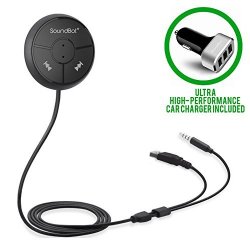 SoundBot SB360 Bluetooth 4.0 Car Kit Hands-Free Wireless Talking & Music Streaming Dongle w/ 10W Dual Port 2.1A USB Charger + Magnetic Mounts + Built-in 3.5mm Aux Cable