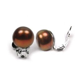 Bling Jewelry Chocolate Freshwater Cultured Button Pearl Clip On Earrings Rhodium Plated