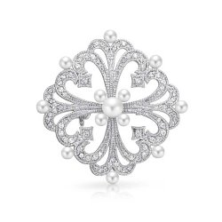 Bling Jewelry Victorian Style Simulated Pearl Cubic Zirconia Vintage Style Brooch Pin Rhodium Plated