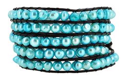 Long Dyed Turquoise Colored Freshwater Cultured Pearl Wrap Around Jewelry Leather Bracelet