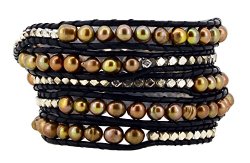 Long Stackable Dyed Brown Freshwater Cultured Pearl Silver Tone Alloy Beaded Wrap Bracelet, 40 Inches