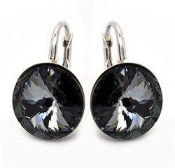 Round Sterling Silver Made with Swarovski Elements Earrings for Women Black-Grey Lever-Back